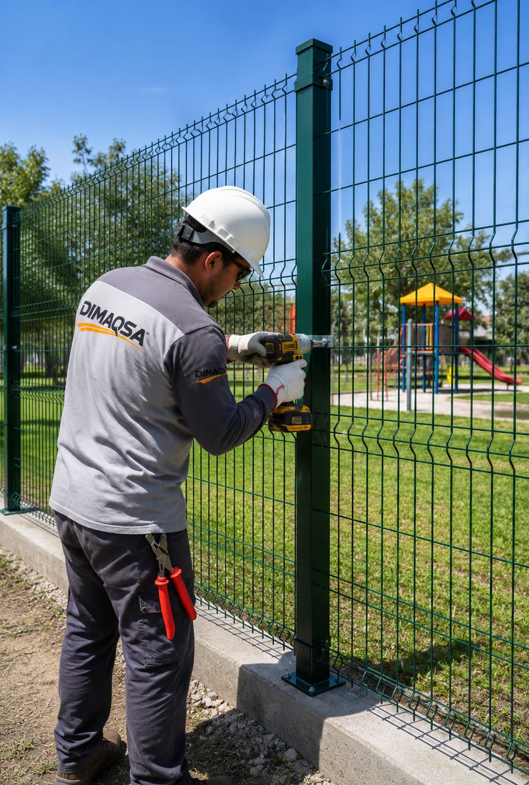 Instalador de Dimaqsa colocando malla ciclónica junto a un área de juegos en Querétaro